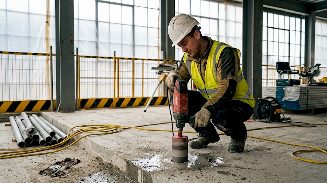 Worker drilling reinforced concrete on UK site